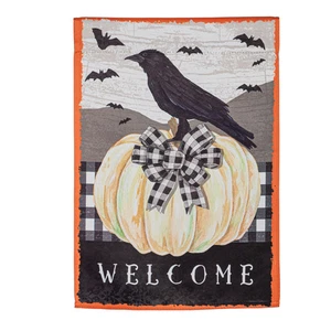 White Pumpkin with Black Crow Garden Suede Flag,14s10970 - Picture 1 of 2