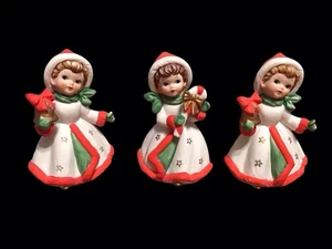 3 Vintage MCM Porcelain Little Girls Holding Bell Candy Cane Christmas UCGC - Picture 1 of 16