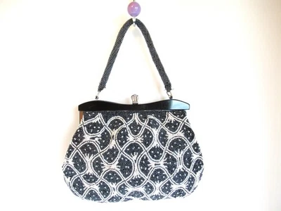 Vintage Beaded Handbag Purse Satin Lining Blue & White Silver Metal Hardware - Image 1 of 4