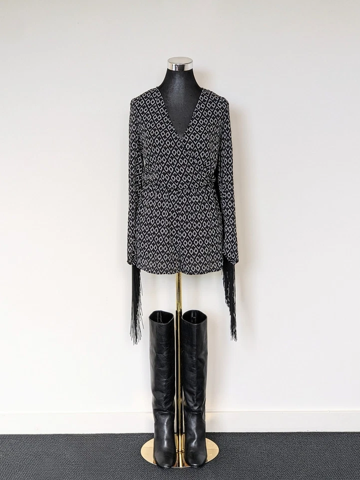 H&M Coachella Negro Satinado Envolvente Mameluco Flecos Manga Larga Primavera Boho Festival XS Foto 1 de 4