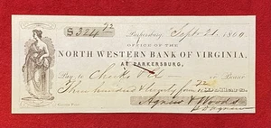 1860 *NORTH WESTERN BANK OF VIRGINIA* PARKERSBURG, VA BANK CHECK+VIGNETTE! RARE! - Picture 1 of 15