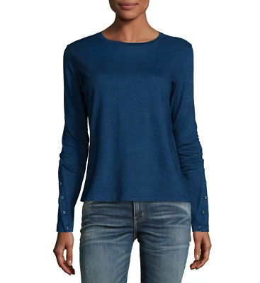 $128 J BRAND INDIGO BLUE LONG SLEEVE BUTTON CUFF CRETE COTTON TEE TOP Sz M - Image 1 of 4