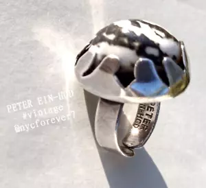PETER EIN-HOD Israel Ring Brutalist Sterling Silver White Black Stone 925 - Picture 1 of 12