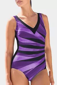 TRAJE DE BAÑO ""0X"" ""1X"" Púrpura Estampado a Rayas Cuello en V Camiseta Traje de baño - Imagen 1 de 3