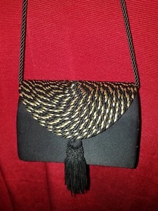 Vintage Inspired Small Black Tassel Evening Bag Satin Finish - Picture 1 of 9