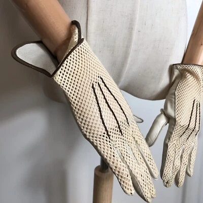 Leather Driving Gloves Womens Mesh Cream  - XS- Size 6 Brown Trim - Image 1 of 4