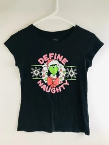 Dr. Seuss Shirt Girls Size L Black Grinch Define Naughty Christmas *Snow Flakes - Picture 1 of 6