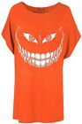 Ladies Womens Scary Skull Teeth Print Halloween Batwing Baggy Loose T-Shirt Top