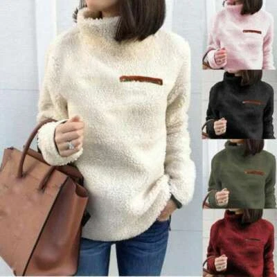 Womens High Neck Teddy Bear Fleece Winter Warm Sweater Jumper Coat Pullover Tops - Image 1 of 4