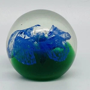 Hand Blown Crystal Glass Blue Flower Paperweight Vintage 2” - Picture 1 of 7