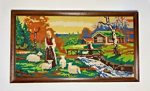 Sheep Cabin River Finished Needlepoint Crewel Wall Art Cottagecore 22"x12" VTG - Picture 1 of 7