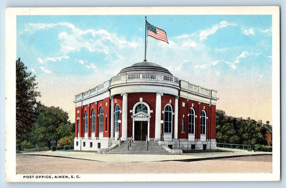 c1920's Post Office Building US Flag Facade Steps Aiken South Carolina Postcard - Image 1 of 2