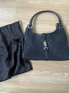 Vintage Iconic Gucci Jackie Black Monogram Canvas Shoulder Bag, Gucci Handbag - Picture 1 of 9