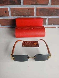 Cartier Big C Sonnenbrille edle Brille randlose Gläser rot Holzstil - Bild 1 von 24