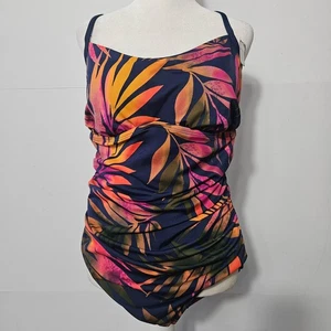 Time & Tru Size 16/18 One Piece Navy Blue Fuschia Orange Tropical Leaf Bathing S - Picture 1 of 18