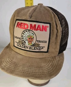 Red Man Golden Blend Chewing Tobacco Vintage Brown Corduroy Trucker Hat USA Made - Picture 1 of 8