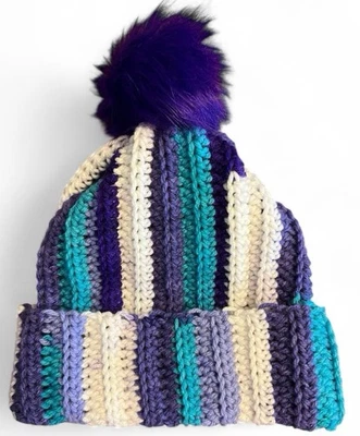 Crochet Ribbed Beanie With Faux Fur Pom Pom - Adult Size! Amethyst - Image 1 of 3