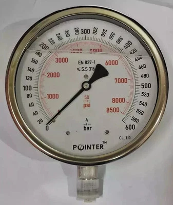 High Pressure Gauge Dual Scale 600 Bar 8500 PSI 150MM Dial 1/2" BSP - Image 1 of 2