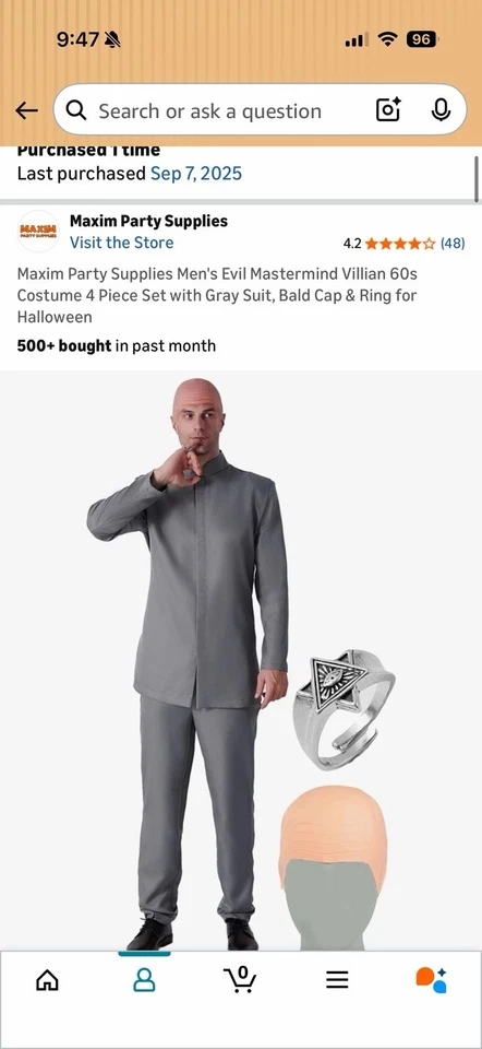 Disfraz de Doctor Malvado Para Hombres Poderes Película Años 60 Villano Traje Gris + Gorra Calva Halloween Foto 1 de 2