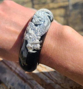 VTG Lucite Chunky Silver & Black Asian Dragon Bangle Bracelet 2.5" ID - Picture 1 of 24