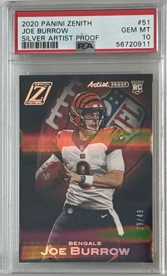 2020 Panini Zenith 🏈🔥Joe Burrow RC Artist Proof Silver #29/49 SP PSA 10 Pop 3 - Image 1 of 2