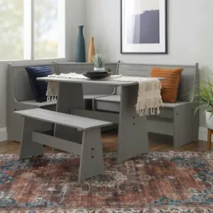 Rustic 3 pc Gray Grey Wooden Breakfast Nook Dining Set Corner Booth Bench Table - Picture 1 of 12