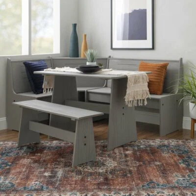 Rustic 3 pc Gray Grey Wooden Breakfast Nook Dining Set Corner Booth Bench Table - Image 1 of 4