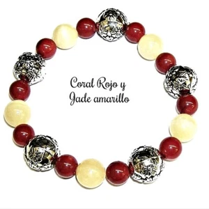 PULSERA de CORAL ROJO y JADE AMARILLO con entre piezas Laminadas en Plata - Picture 1 of 2