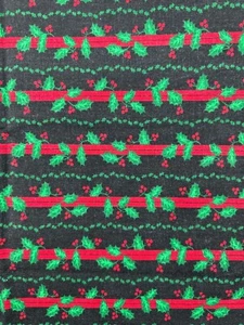 Winter Holiday Black Holly Berry Vine Stripe Allover Print Cotton Fabric Remnant - Picture 1 of 7
