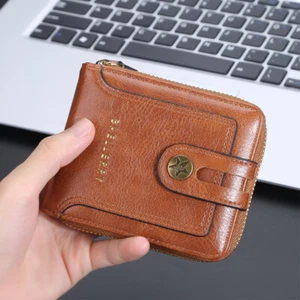 Mens Leather Zipper Wallet RFID Blocking Bifold Secure Zip Around Card Holder - Picture 1 of 13