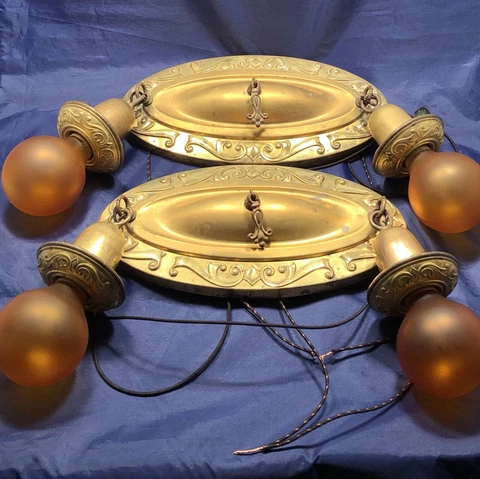 Newly Wired Pair Two Arm Antique Flush Mount Fixtures Yellow Brass Patina 61D Cover