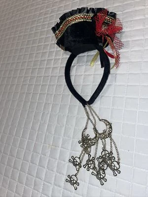 Pirate Headband With Gold Dangle Earrings Halloween Costume Red Black Skull - Image 1 of 3