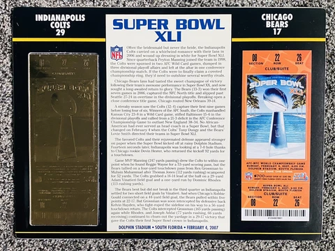 2007 Super Bowl XLI Willabee & Ward 22 KT Gold Replica Ticket Panel Cover