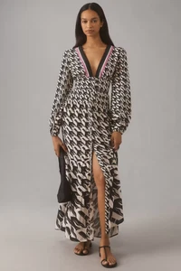 New Farm Rio x Anthropologie Long-Sleeve V-Neck Maxi Dress L Black and Ivory - Picture 1 of 3