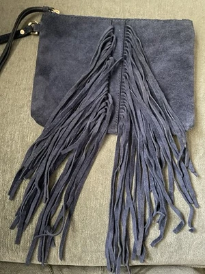 Italian suede navy blue fringe bag clutch banana republic - Image 1 of 4
