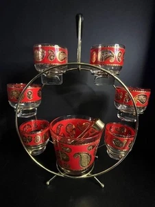 Vintage 60er Jahre Culver Rot & 22kt Gold Paisley Whisky Gläser Eiskübel Set - Bild 1 von 9
