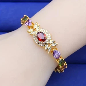 17 Ctw Oval Cut Lab Created Red Ruby Halo Tennis Bracelet 14K Yellow Gold Plated - Picture 1 of 8