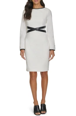 NWT Calvin Klein Faux Leather Trim Long Sleeve Sheath Dress Size 4 Cream Black - Image 1 of 2