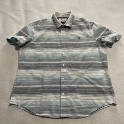 Camisa masculina Penguin Munsingwear XL listrada azul manga curta botão para cima com falha - Imagem 1 de 4