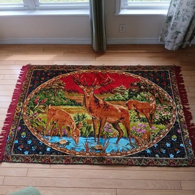 Deer Theme Wall Rug Kilim Vintage Tapestry  46x71 Not Counting Fringe Used - Image 1 of 4