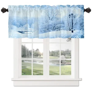 Landscape Trees Kitchen Valances Half Window Curtain, Blue Christmas Winter X... - Picture 1 of 5