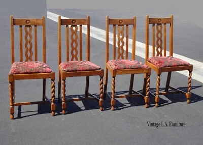 Juego de cuatro sillas de comedor vintage estilo misión roble cebada torcido marrón Foto 1 de 4