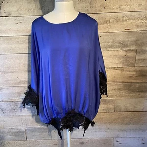Vintage Women’s Blue Coloured, Black Lace Trimmed Dolman Sleeves Blouse Medium  - Picture 1 of 8