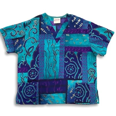 Uniform City Scrub Top Unisex L Blue Abstract Boho Medical Office Lab Workwear - Image 1 of 4