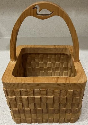Wooden Square Basket With Duck Carved On Handle - Image 1 of 4
