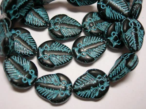 10 - 13mm Jet Black Turquoise Wash Trilobite Czech Glass Beads  - Picture 1 of 1