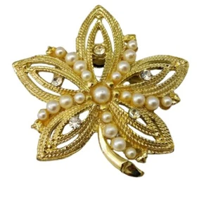 Vintage Pearl and Rhinestone Gold Tone Leaf Brooch - Picture 1 of 13