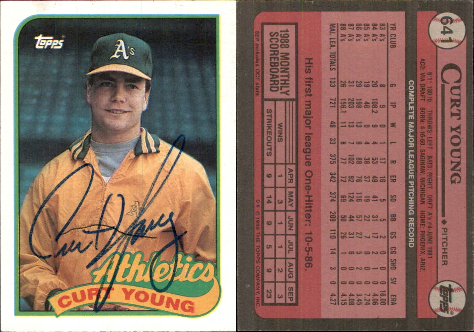 Curt Young Signed 1989 Topps #641 Card Oakland Athletics Auto AU