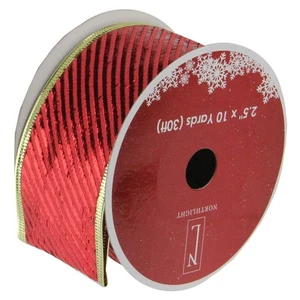 Northlight 12 Shiny Red Diagonal Striped Gold Wired Christmas Ribbon - Picture 1 of 3