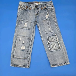 MUDD Juniors Capri Jeans Sz 1  DISTRESSED Patchwork Low Rise Blue Denim Y2K  - Picture 1 of 10